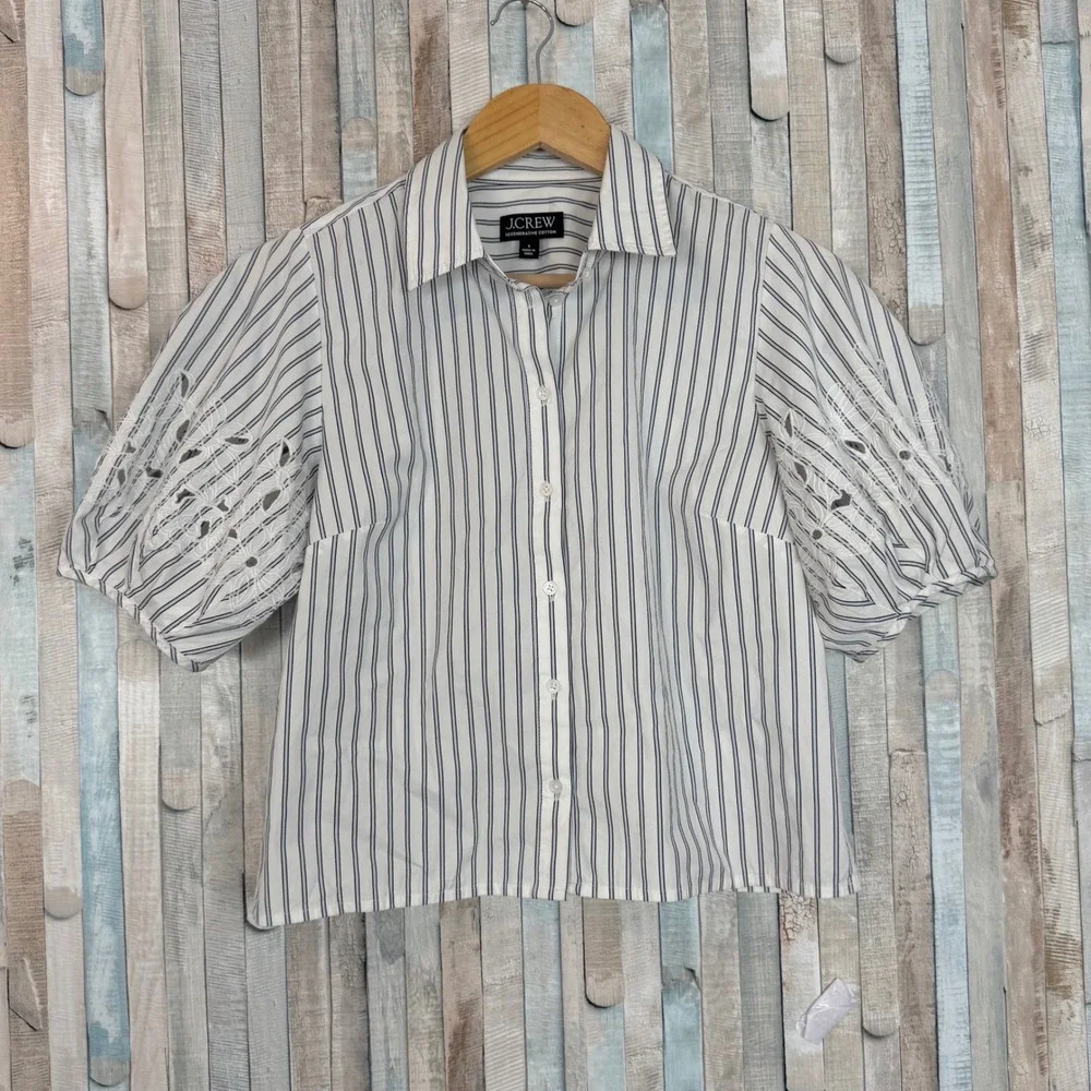 J Crew 6 Striped Cotton Poplin Eyelet Embroidered Puff Sleeve Shirt Top Button